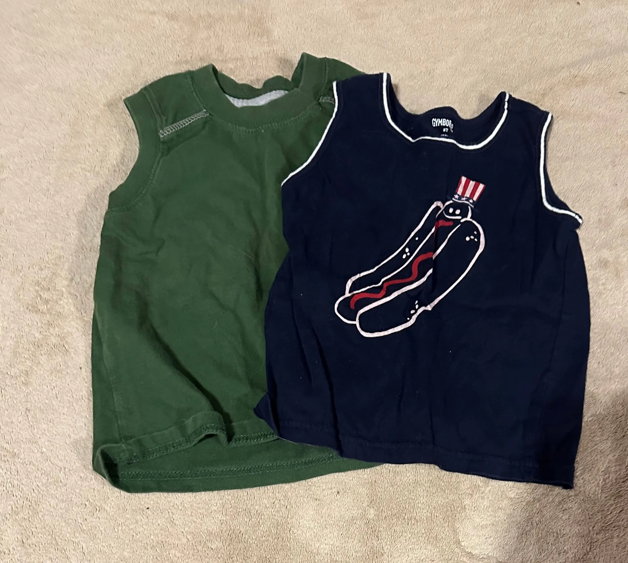 2 tank tops. Green, Blue w hotdog - size Kids Clothing:     24 Mos & 2 & 2T