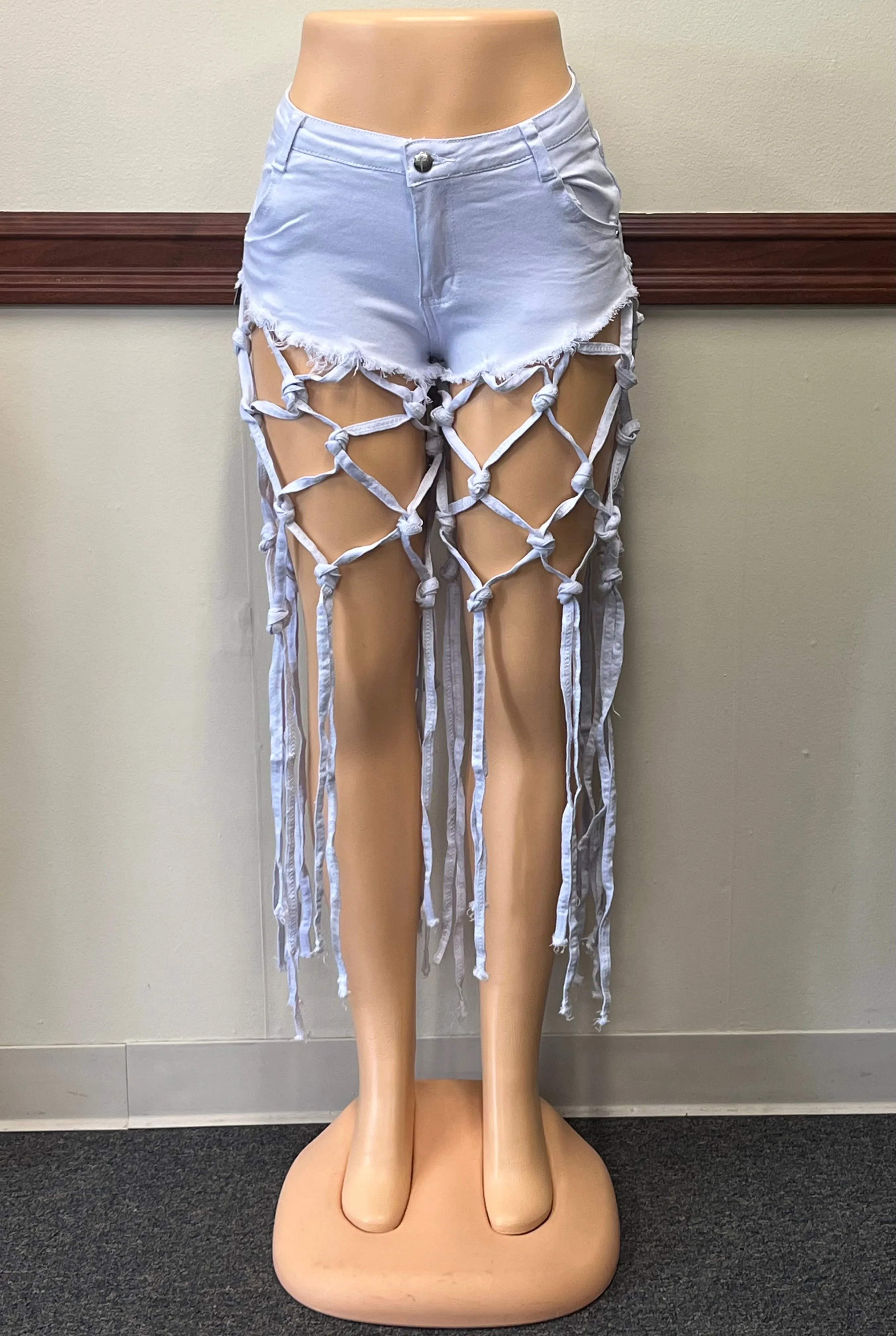 White Denim Shorts w/ Knotted Tassels Available in Sizes L-XL (Lots of Stretch)