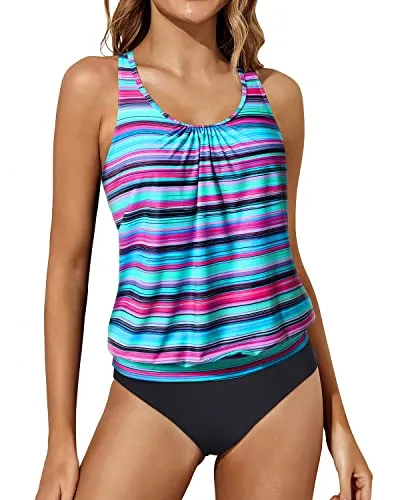 Women Two Piece Swimsuit Tummy Control Tankini Racerback Blouson Swimwear